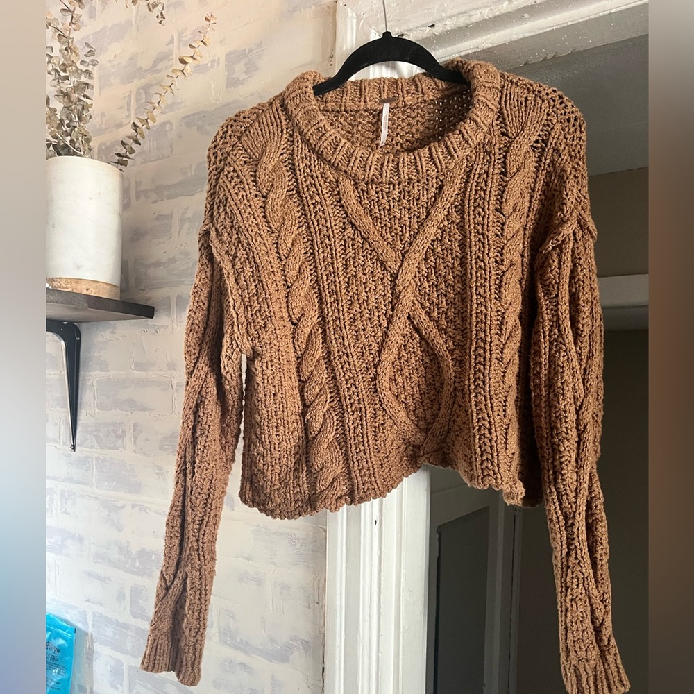 Free People Cable Knit Crop Sweater - Brown